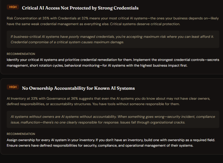 Board-ready recommendation cards with severity ratings and action items