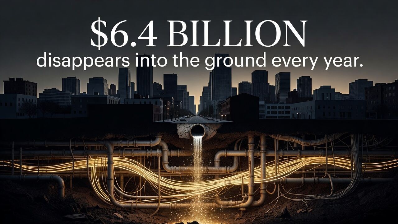 Cutaway illustration of a city street revealing a glowing map of buried pipes and cables, with $6.4 billion in water losses highlighted.